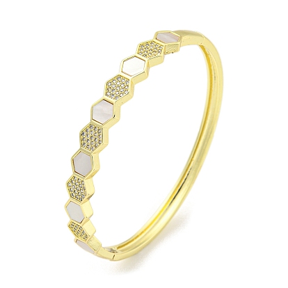 Hexagon Brass Micro Pave Clear Cubic Zirconia Hinged Bangles, Shell Bangles for Women