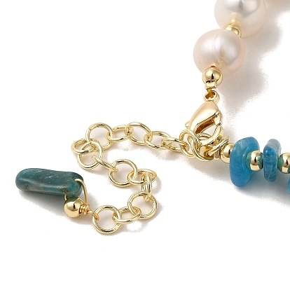 Natural Pearl & Apatite Chips Beaded Bracelets, with Brass Clasps