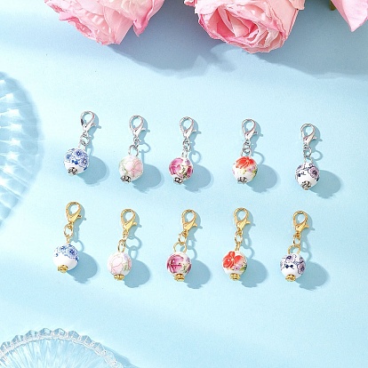10Pcs Round Handmade Flower Printed Porcelain Ceramic Pendant Decoration, with Zinc Alloy Lobster Claw Clasps