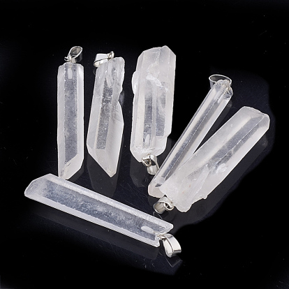 Natural Quartz Crystal Big Pendants, with Platinum Tone Iron Findings, Hexagonal Prisms