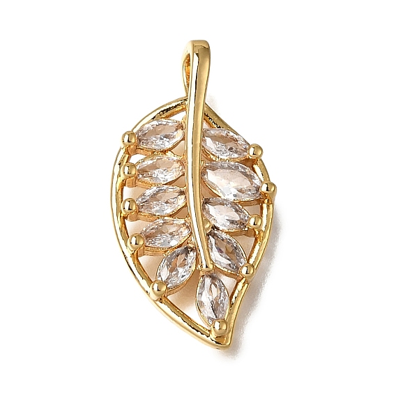 Brass Micro Pave Clear Cubic Zirconia Pendants, Leaf Charms, Nickel Free