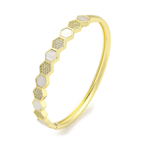 Hexagon Brass Micro Pave Clear Cubic Zirconia Hinged Bangles, Shell Bangles for Women