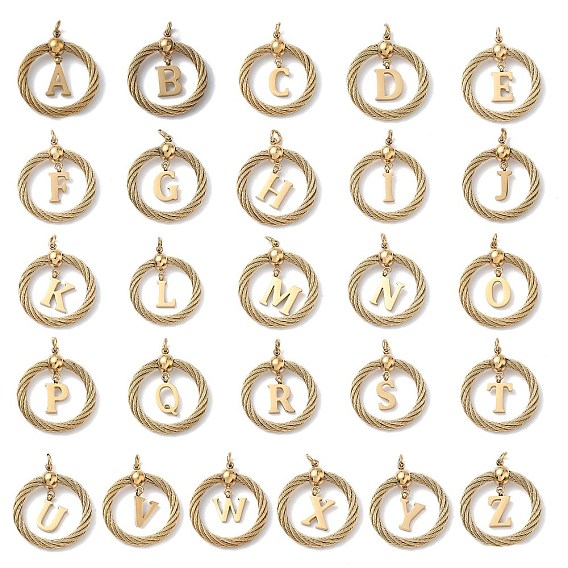 304 подвески из нержавеющей стали, скрученный плоский круглый с буквой, ионное покрытие (ip), реальный 18 k позолоченный, с соединительными кольцами и 201 бусинами из нержавеющей стали