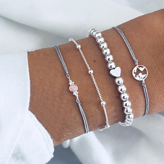Fashionable Creative Beaded Heart Bracelet Set with Map and Braided Rope (4 Pieces)