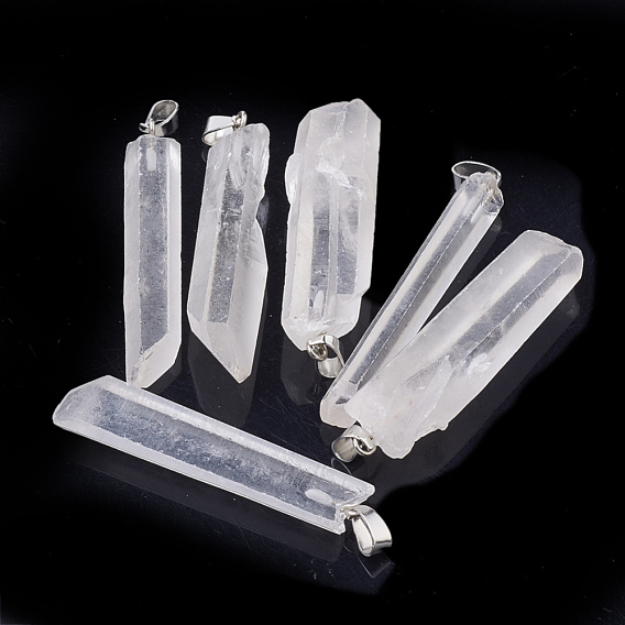 Natural Quartz Crystal Big Pendants, with Platinum Tone Iron Findings, Hexagonal Prisms