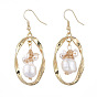 Oval Dangle Earrings, with Natural Pearl, Alloy Twist Links, Brass Earring Hooks and Cardboard Boxes