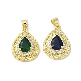 Brass Micro Pave Cubic Zirconia Pendants, with Glass, Real 18K Gold Plated, Teardrop