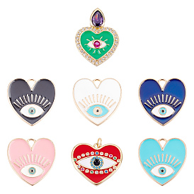 7Pcs 7 Style Enamel Pendants, with Light Gold Alloy or Real Gold Plated Brass Settings, Partial with Cubic Zirconia & Jump Rings, Heart with Evil Eye