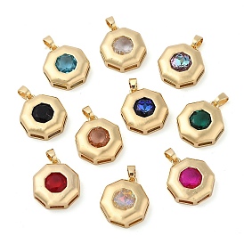 Rack Plating Brass Pendants, Polygon Shaped Glass Charms, Long-Lasting Plated, Cadmium Free & Lead Free, Real 18K Gold Plated