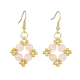 Natural Rose Quartz Dangle Earrings, with 304 Stainless Steel Earring Hooks, Square