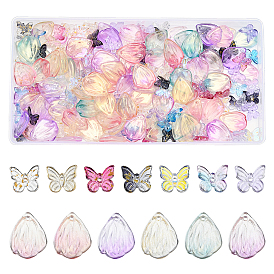 208Pcs Transparent Spray Painted Glass Charms, with Glitter Powder, Butterfly with Petal