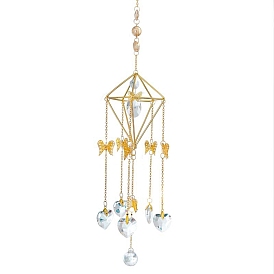 Metal Angel Wing & Diamond Hanging Ornaments, Glass Heart Tassel Suncatchers for Home Outdoor Decoration