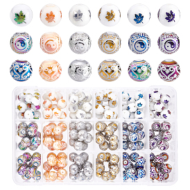 180 pcs 18 style perles de verre électrolytiques, rond avec yin yang & feuille d'érable & motif floral