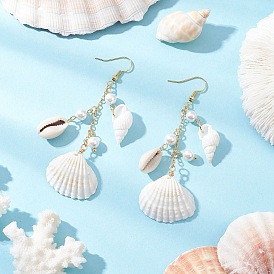 Серьги-подвески в форме ракушки, с подвесками из натуральных ракушек каури, натуральными спиральными ракушками, латунными крючками для сережек, подвесками из ракушек, латунными булавками с шарообразными головками, латунными цепочками из кабелей и бусинами из ракушек, золотые