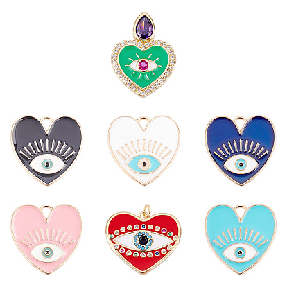 7Pcs 7 Style Enamel Pendants, with Light Gold Alloy or Real Gold Plated Brass Settings, Partial with Cubic Zirconia & Jump Rings, Heart with Evil Eye