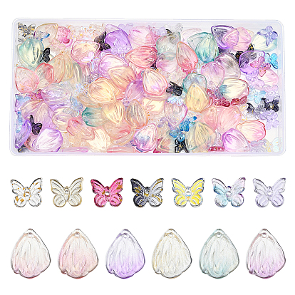 208Pcs Transparent Spray Painted Glass Charms, with Glitter Powder, Butterfly with Petal