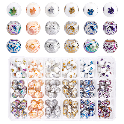 180 pcs 18 style perles de verre électrolytiques, rond avec yin yang & feuille d'érable & motif floral