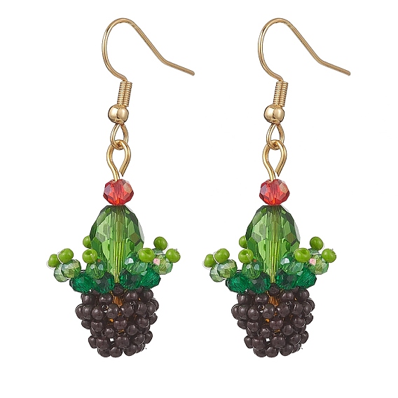 3серьги-подвески из стеклянных бусин в виде кактуса в горшке, с крюком из нержавеющей стали 304, золотые