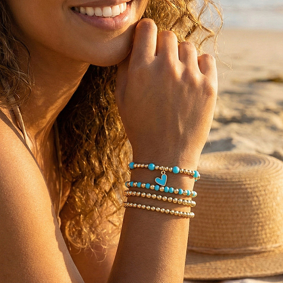 4шт. 4 стили браслетов с подвесками в виде сердечек из сплава с эмалью, Круглые браслеты из латуни, стеклянного бисера и акрила для женщин.