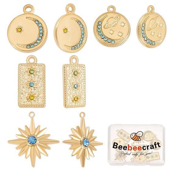 8 шт 4 стиль 304 подвески из нержавеющей стали, со стразами, плоский круглый с луной и звездой и прямоугольник со звездой