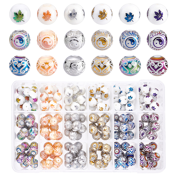 180Pcs 18 Style Electroplate Glass Beads, Round with Yin Yang & Maple Leaf & Floral Pattern
