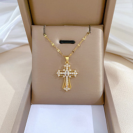 Cross Brass Micro Pave Cubic Zirconia Pendant Necklace with Stainless Steel Chains
