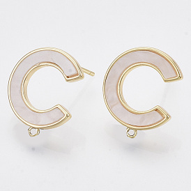 Brass Stud Earring Findings, with Shell and Loop, Nickel Free, Letter C, Creamy White