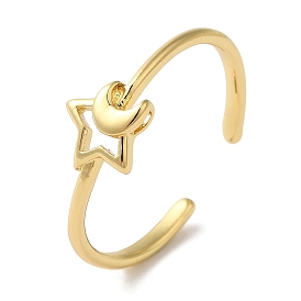 Moon with Star Rack Plating Brass Open Cuff Rings for Women, Long-Lasting Plated, Lead Free & Cadmium Free