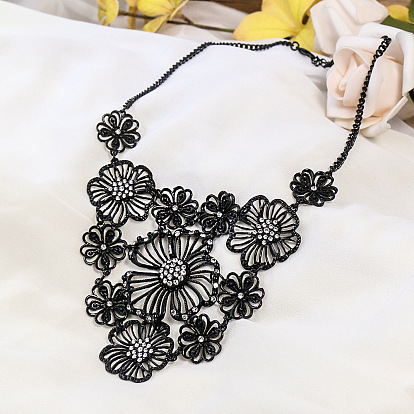 Exquisite Gothic Flower Necklace with Black Rhinestones - Handmade Statement Jewelry