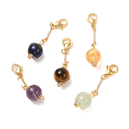 Natural Mixed Gemstone Round Pendants, with 304 Stainless Steel Lobster Claw Clasps, Open Jump Rings and Brass Bar Link