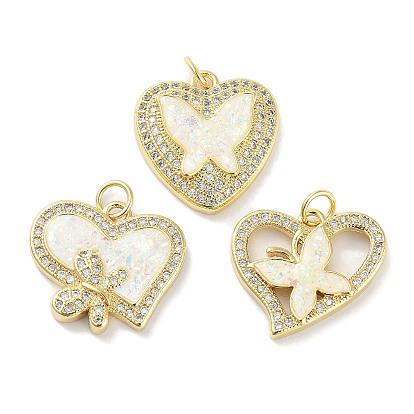 Brass Micro Pave Clear Cubic Zirconia Pendants, Cadmium Free & Lead Free, with Synthetic Opal and Jump Rings, Real 18K Gold Plated, Heart with Butterfly Charms