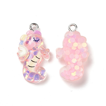 Transparent Resin Pendants, with Sequins and Platinum Tone Iron Loops, Sea Horse Charm