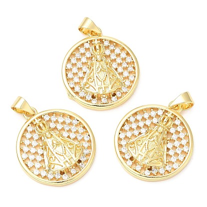 Rack Plating Brass Micro Pave Cubic Zirconia Pendants, Long-Lasting Plated, Lead Free & Cadmium Free, Flat Round