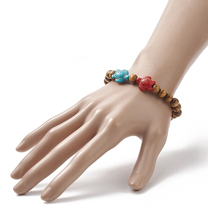 Dyed Synthetic Turquoise(Dyed) Tortoise & Natural Wood Beaded Stretch Bracelet for Women