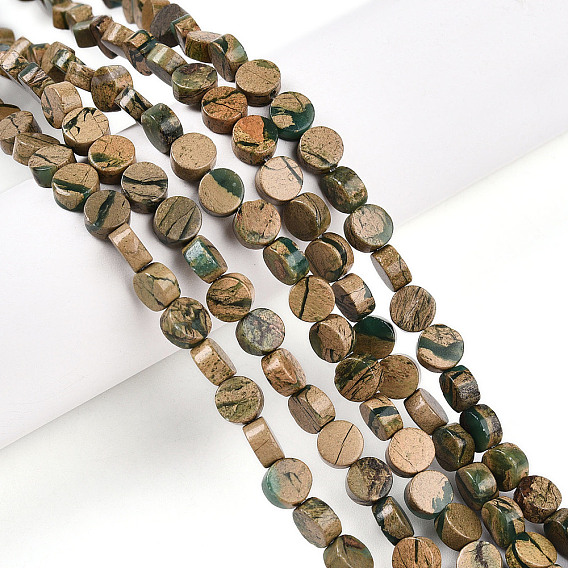 Нити бусин из натурального камня вердит, плоско-круглые
