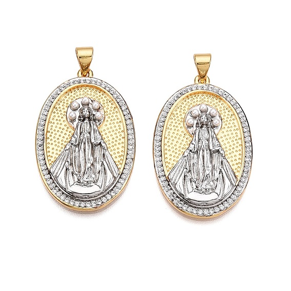 Латунные микро-паве кубические цирконии с подвесками из искусственного жемчуга ABS, без кадмия и без свинца, овал с подвесками Девы Марии