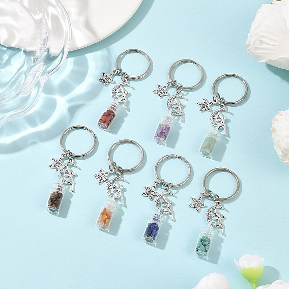 7 шт. 7 стили стеклянной бутылки с чакральным драгоценным камнем внутри брелоков, с железными разъемными кольцами для ключей и подвесками из сплава, античное серебро