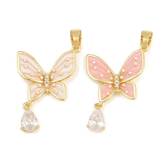 Brass Micro Pave Clear Cubic Zirconia Pendants, with Enamel, Butterfly
Charms