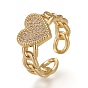 Brass Micro Pave Clear Cubic Zirconia Cuff Rings, Open Rings, Long-Lasting Plated, Heart, Curb Chain Shape