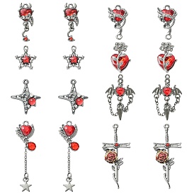 16Pcs 8 Styles Alloy & Resin Rhinestone Pendants, Gunmetal