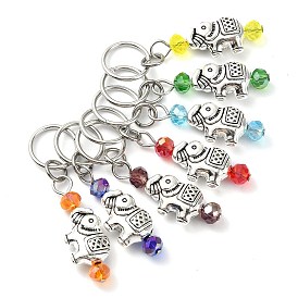 7Pcs 7 Colors Glass & Tibetan Style Alloy Elephant Pendant Decorations, with 304 Stainless Steel Jump Ring