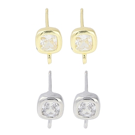 Brass Pave Clear Cubic Zirconia Stud Earring Findings, with Loop, Square