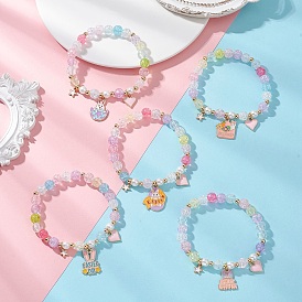 Браслеты с эмалированными подвесками из пасхального сплава, Стеклянные бусины из перламутра и акриловые бусины с эффектом кракелюра, смешанные формы.