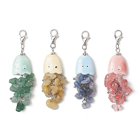 4Piezas de chips de piedras preciosas naturales y decoraciones colgantes de pulpo de porcelana hechas a mano, con broches de aleación