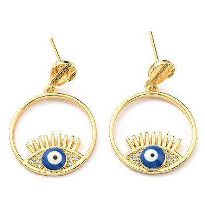 Cubic Zirconia Evil Eye Dangle Stud Earring with Enamel, Real 18K Gold Plated Brass Earrings, Cadmium Free & Lead Free