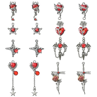 16Pcs 8 Styles Alloy & Resin Rhinestone Pendants, Gunmetal