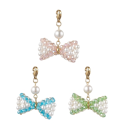 Bowknot Shell Pearl & Glass Pendants Decorations, Lobster Clasp Charms for Bag Ornaments