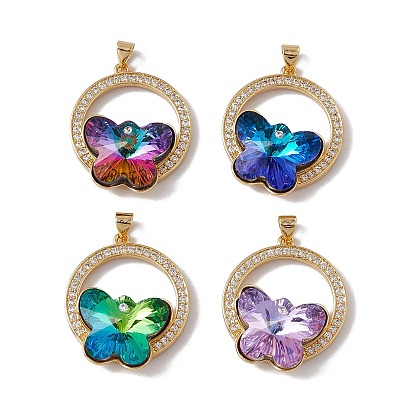 Brass Micro Pave Clear Cubic Zirconia Pendants, Real 18K Gold Plated, with Glass Cabochon, Cadmium Free & Nickel Free & Lead Free, Rack Plating, Flat Round with Butterfly