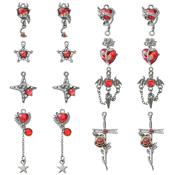 16 pièces 8 styles pendentifs en alliage et résine avec strass, gris anthracite
