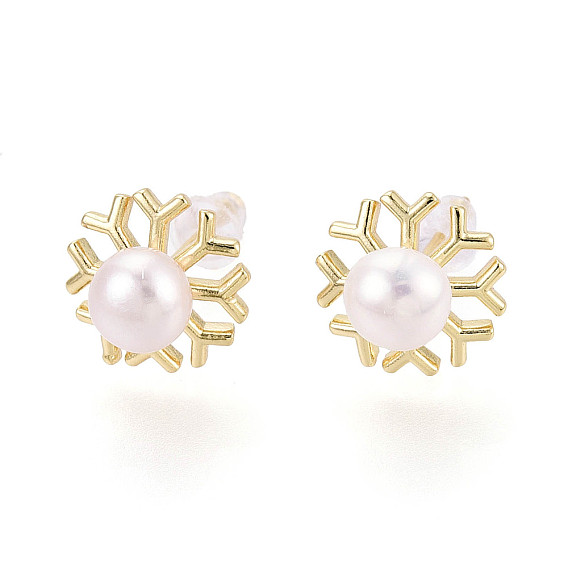 Серьги-гвоздики из латуни и натурального жемчуга, снежинка